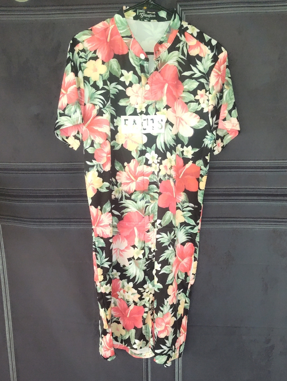 Floral Button-Up Shirt Dress with Coral Hibiscus Print